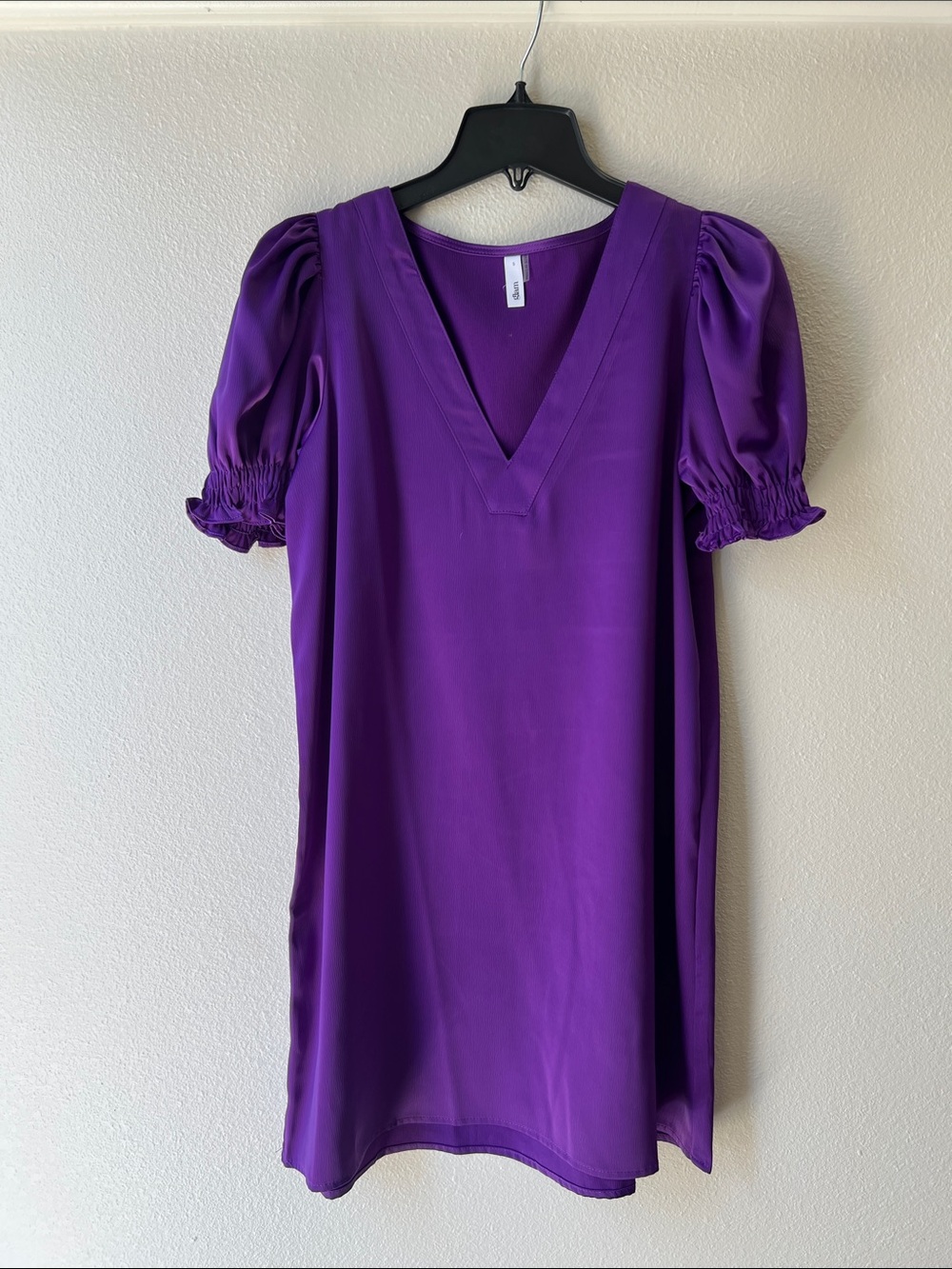 GLAM Purple Puff Sleeve V-Neck Shift Dress Size S